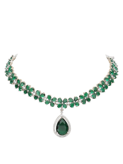 Elegant Green Crystal Necklace Set with Floral Design