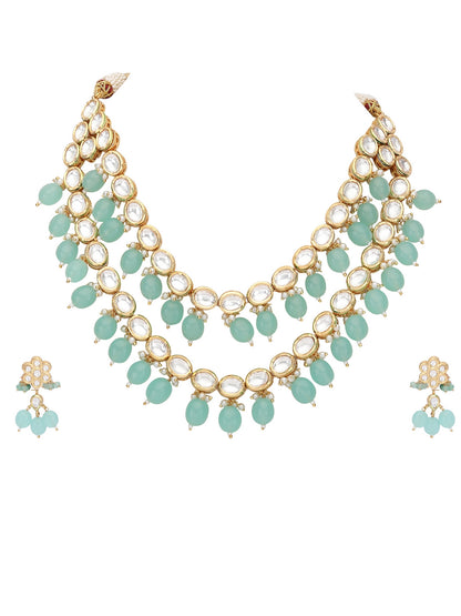 Elegant Kundan Necklace Set with Aqua Blue Beads