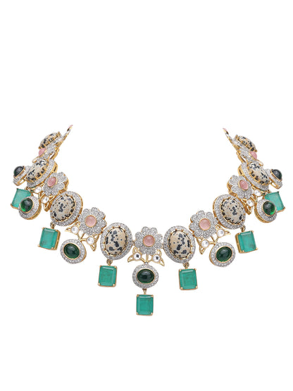 Multicolor Zircon-Styled Gold-Toned & White Gold Plated Handcrafted Necklace Set