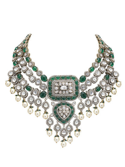 Elegant Green Kundan-Polki Gold-Toned & White Gold Plated Handcrafted Necklace Set