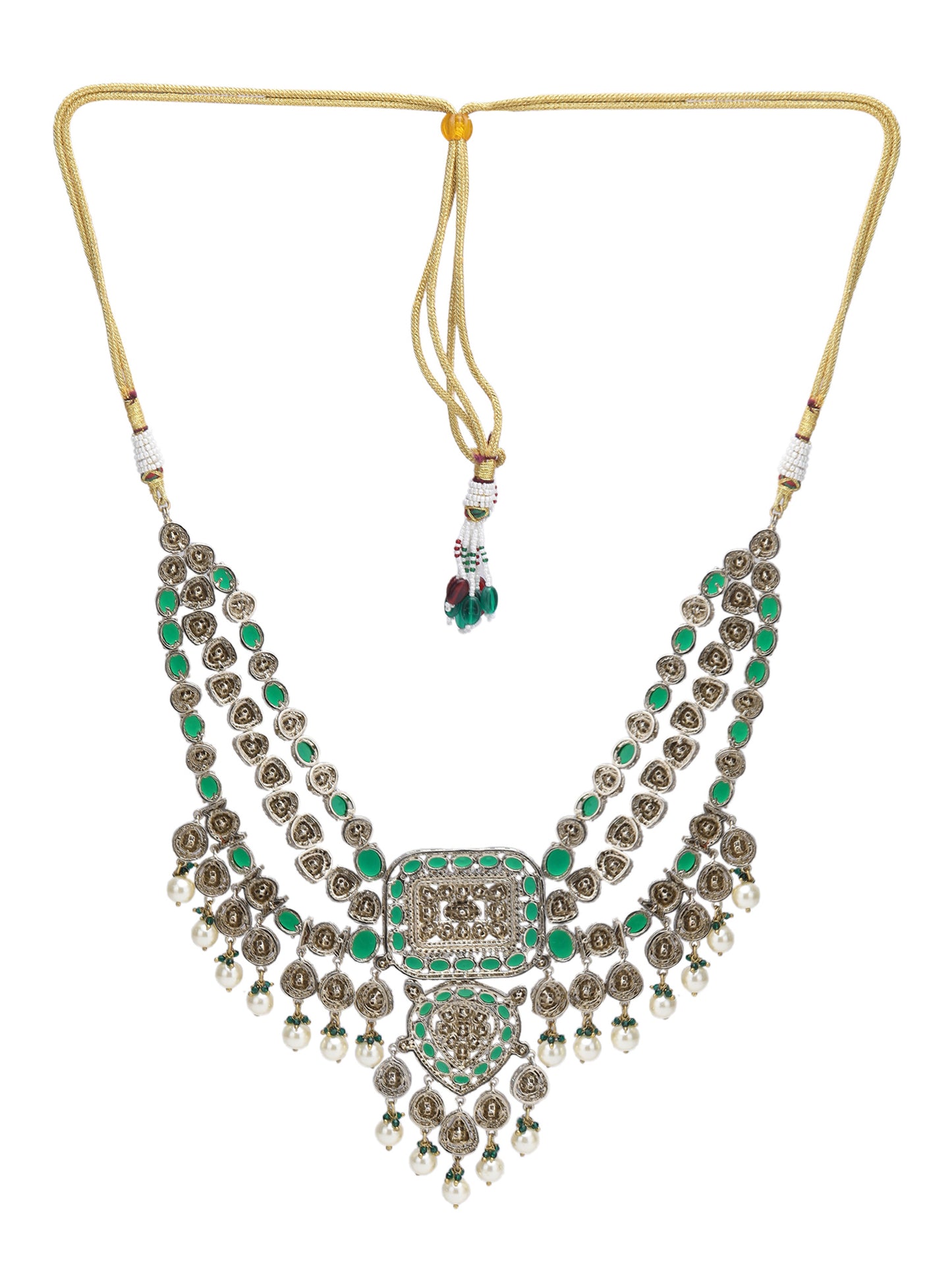 Elegant Green Kundan-Polki Gold-Toned & White Gold Plated Handcrafted Necklace Set