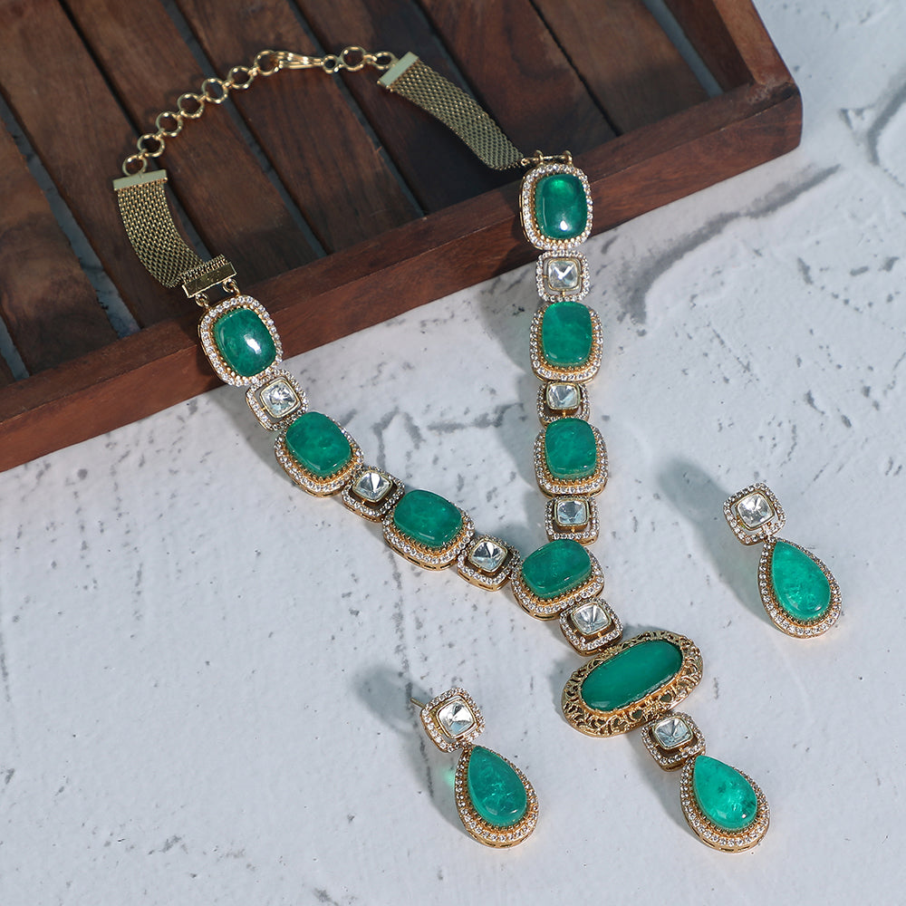 Buy Elegant Emerald and Diamond Necklace Set with Earrings