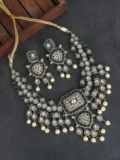 Elegant Green Kundan-Polki Gold-Toned & White Gold Plated Handcrafted Necklace Set