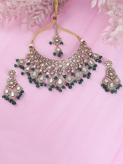 Two-Toned & White Gold-Plated Handcrafted Kundan Polki Beaded Necklace Set