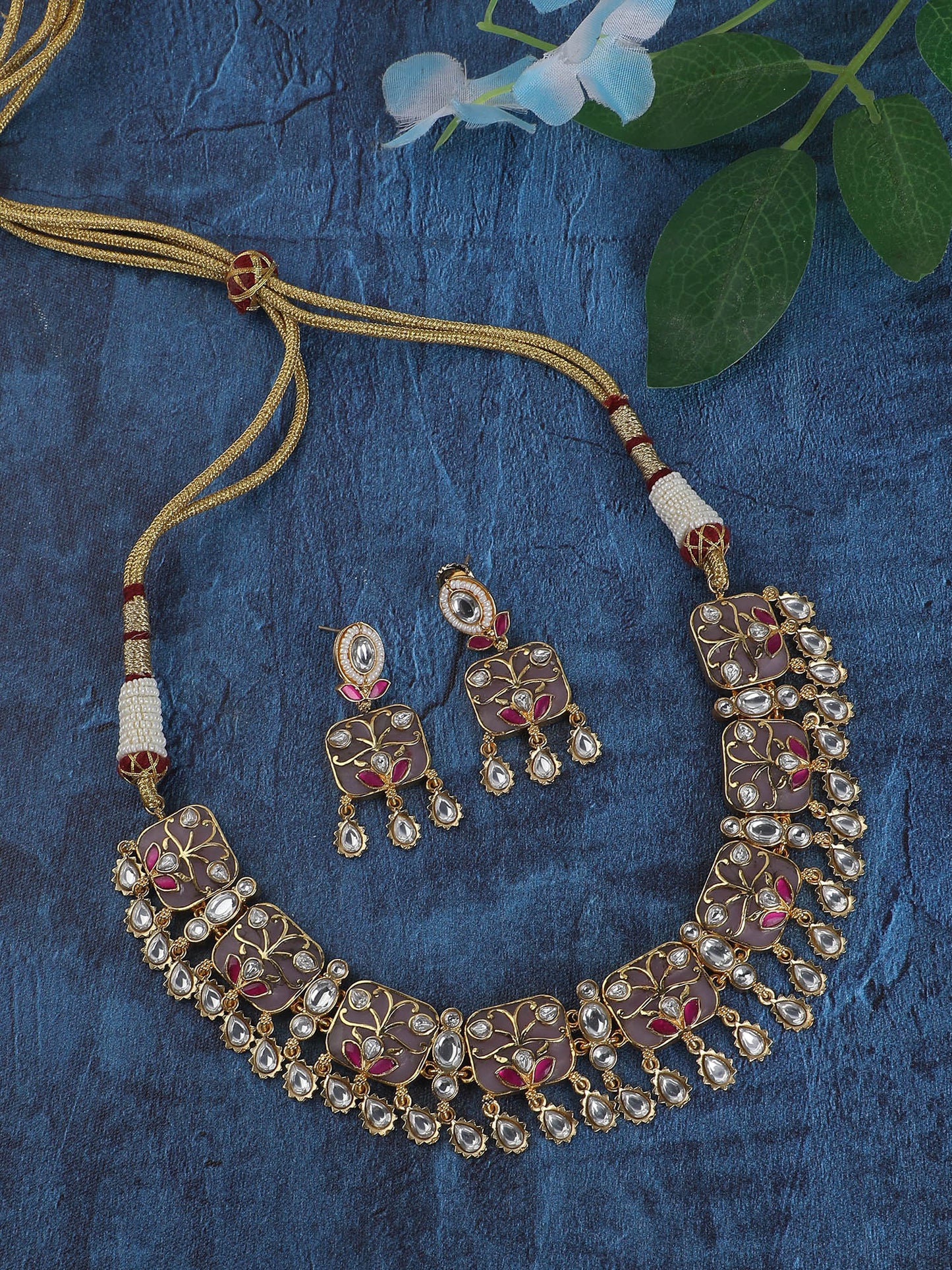 Gold-Toned & White Gold Plated Kundan-Polki Handcrafted Beaded Necklace Set