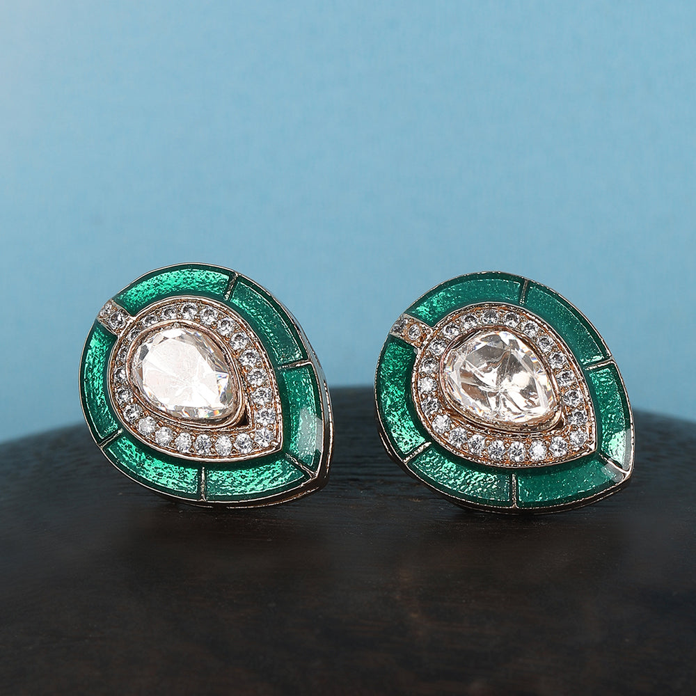 Emerald Teardrop Stud Earrings with Polki Accents