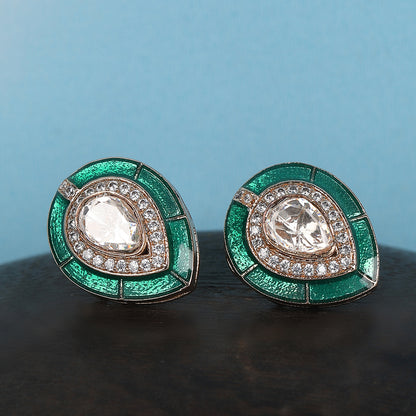 Emerald Teardrop Stud Earrings with Polki Accents