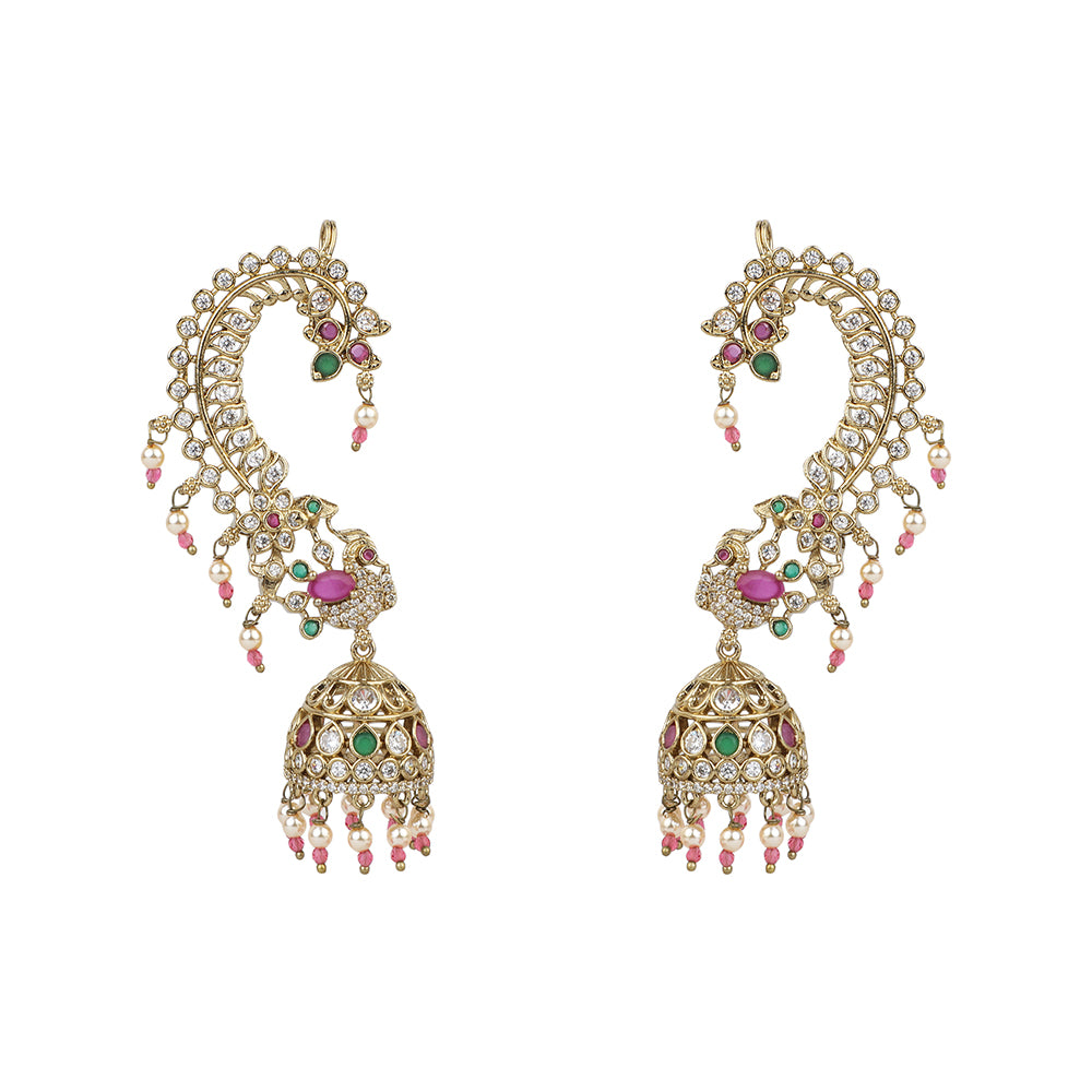 Traditional gold kundan jhumka earrings with pearl drops and colorful gemstones