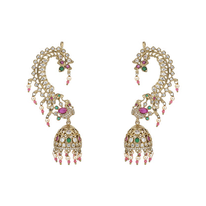 Traditional gold kundan jhumka earrings with pearl drops and colorful gemstones
