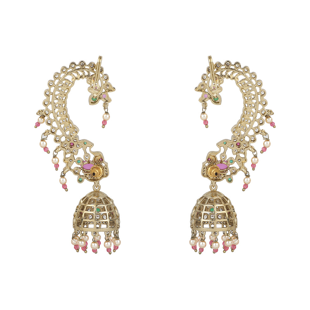 Traditional gold kundan jhumka earrings with pearl drops and colorful gemstones