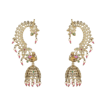 Traditional gold kundan jhumka earrings with pearl drops and colorful gemstones