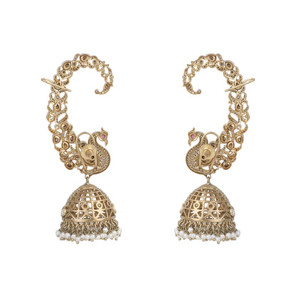 Gold plated peacock design jhumka earrings with American diamonds and pearl drops on white background