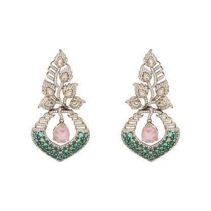 Gold plated American diamond earrings with leaf design, green stones and pink drop hanging centerpiece on white background