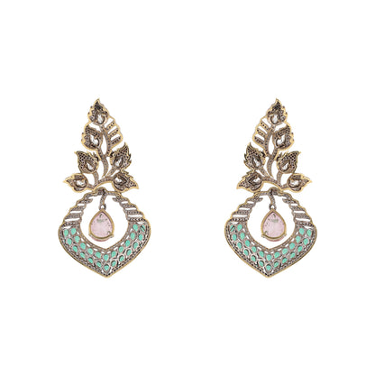 Gold plated American diamond earrings with leaf design, green stones and pink drop hanging centerpiece on white background