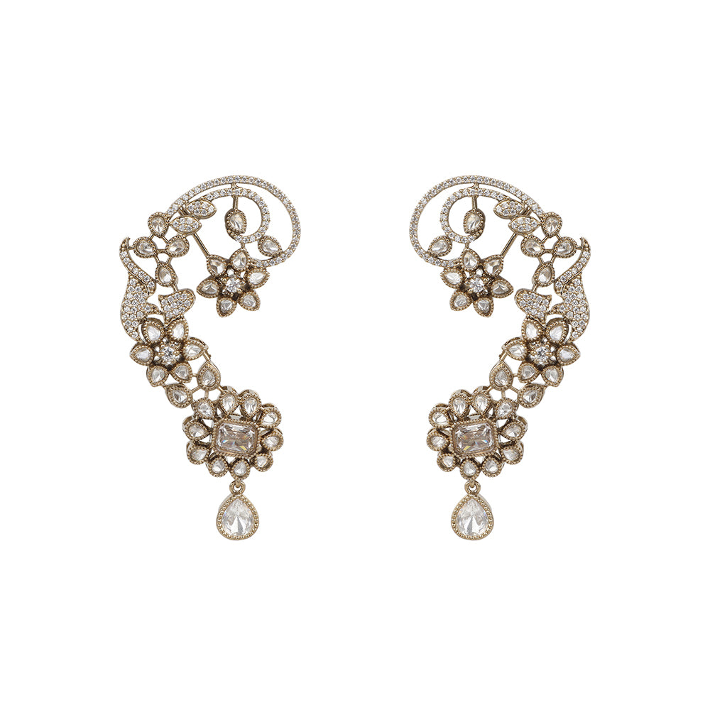 Gold Plated American Diamond Ear Cuff Earrings with Floral Design & Teardrop Dangle | Designer Statement Earrings