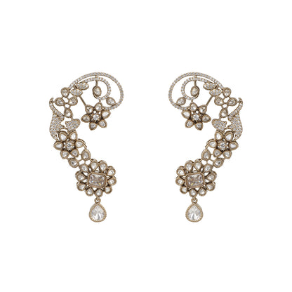 Gold Plated American Diamond Ear Cuff Earrings with Floral Design & Teardrop Dangle | Designer Statement Earrings