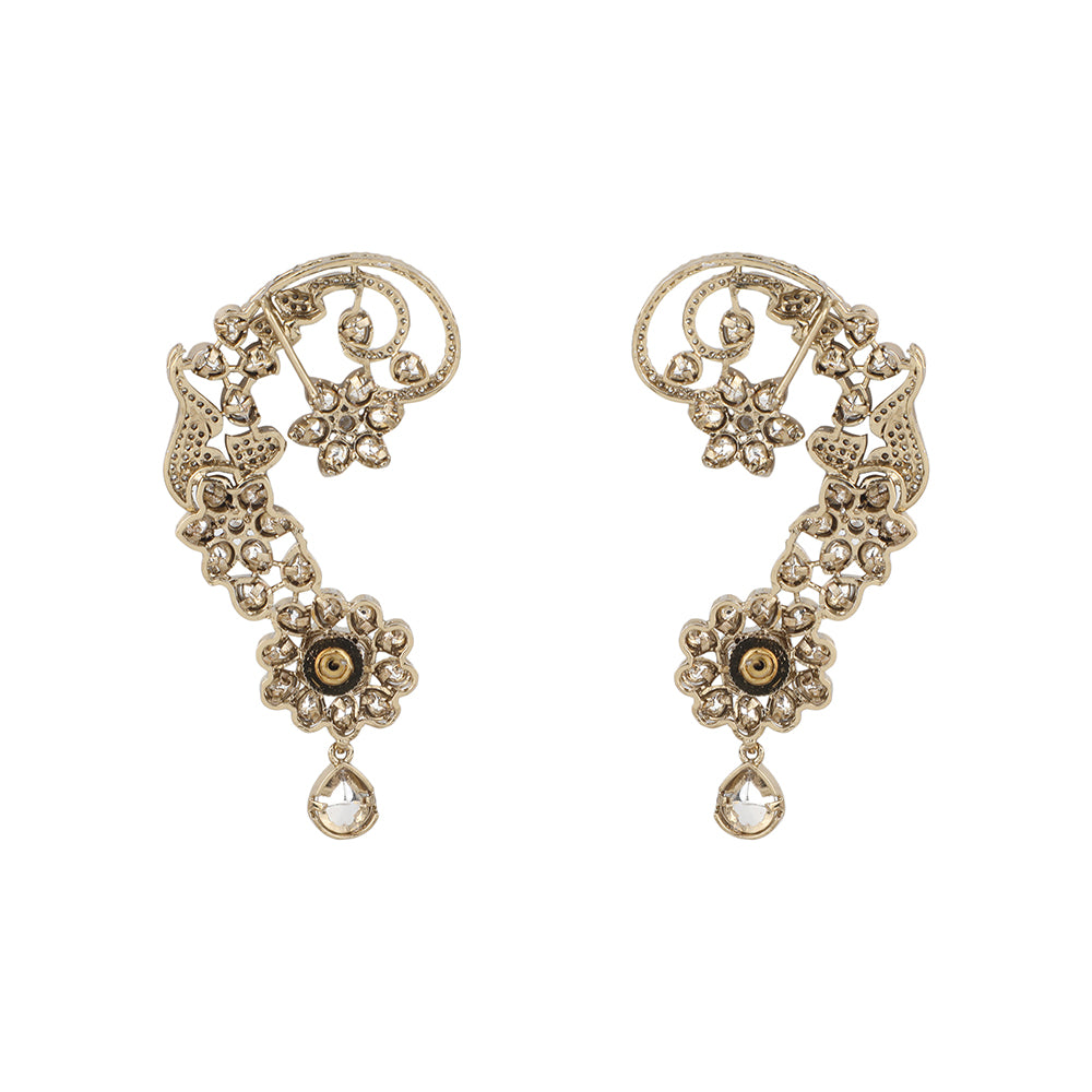 Gold Plated American Diamond Ear Cuff Earrings with Floral Design & Teardrop Dangle | Designer Statement Earrings