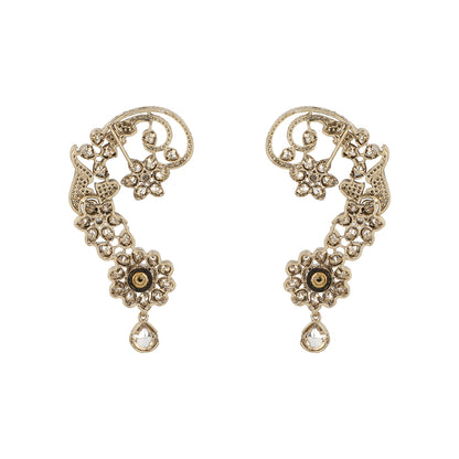 Gold Plated American Diamond Ear Cuff Earrings with Floral Design & Teardrop Dangle | Designer Statement Earrings