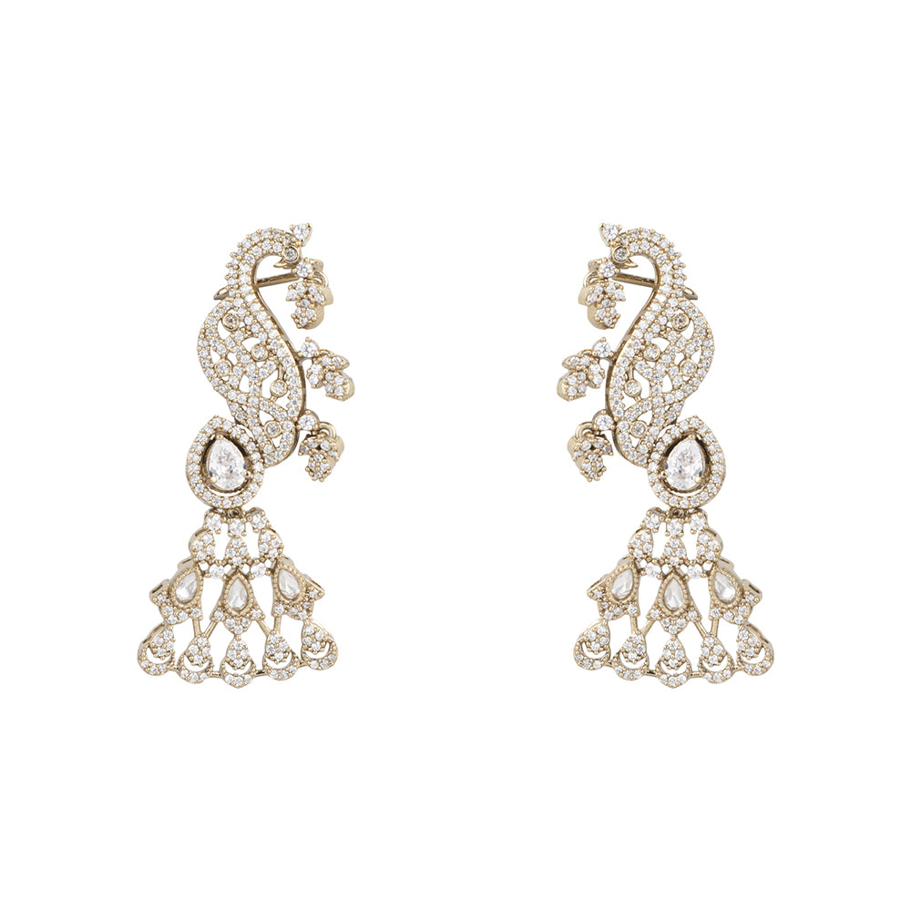 Gold-plated American diamond peacock ear cuff earrings for women with chandelier drop design, perfect for bridal, wedding, festive, and party wear.