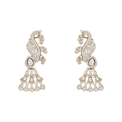 Gold-plated American diamond peacock ear cuff earrings for women with chandelier drop design, perfect for bridal, wedding, festive, and party wear.