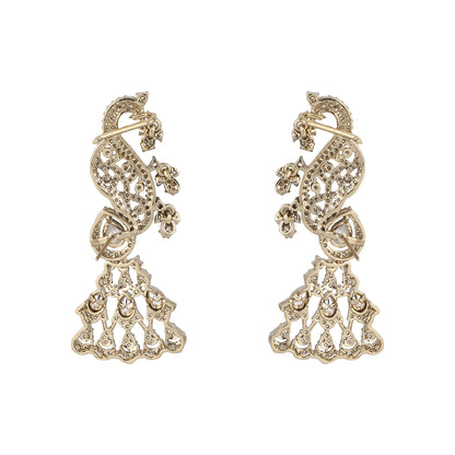 Gold-plated American diamond peacock ear cuff earrings for women with chandelier drop design, perfect for bridal, wedding, festive, and party wear.