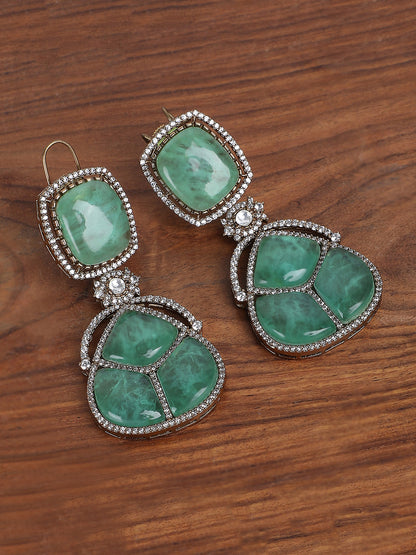 Gold Plated Green Stone Studded Drop Earrings