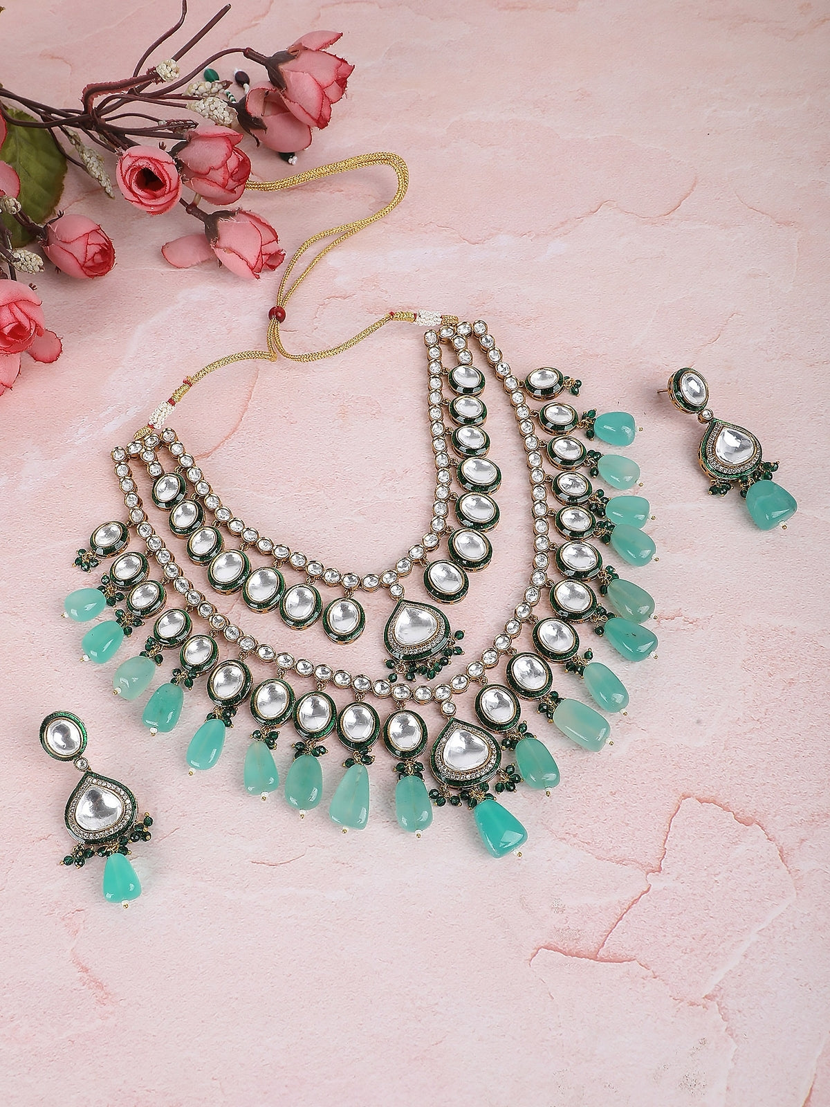 Gold-Plated Kundan Necklace Set with Green Bead Drops