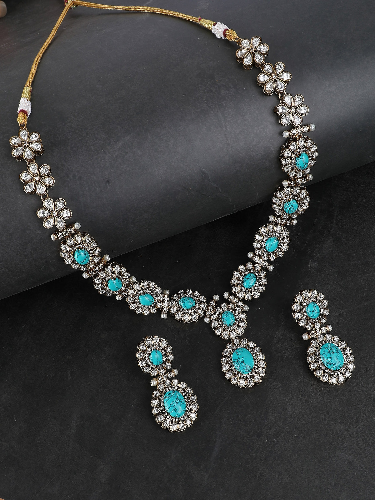 Turquoise Kundan Necklace Set with Floral Detailing