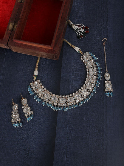 Exquisite Kundan Necklace Set with Blue Crystal Drops