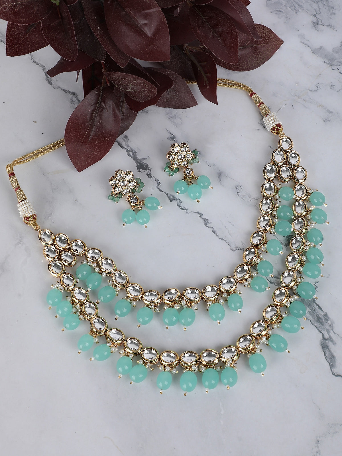 Elegant Kundan Necklace Set with Aqua Blue Beads