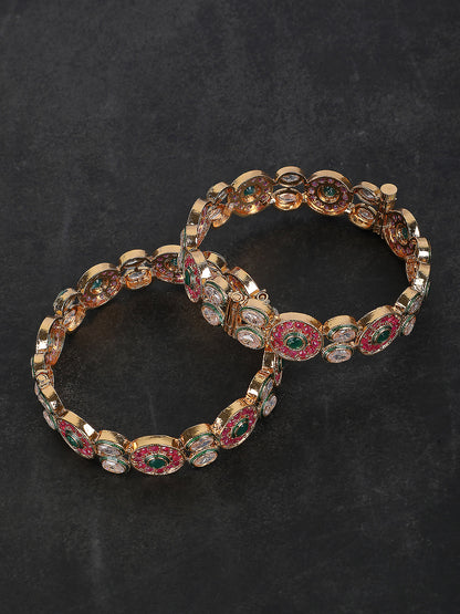 Gold-Plated Contemporary-Shaped Kundan Studded Bangle Set