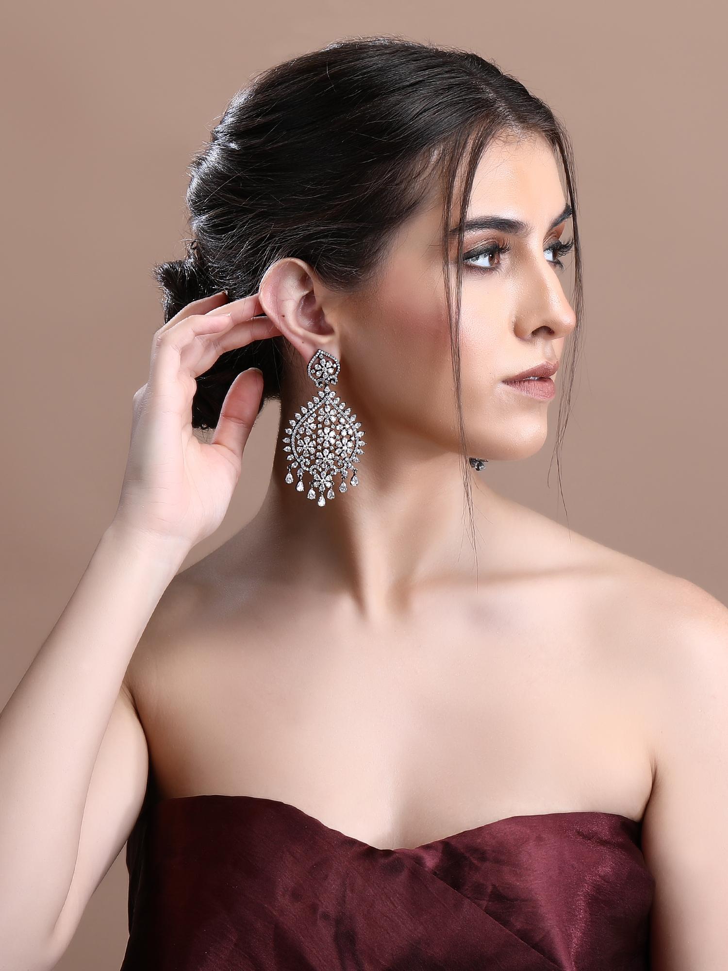 Elegant Rhodium Plated American Diamond Zircon White Earring Set
