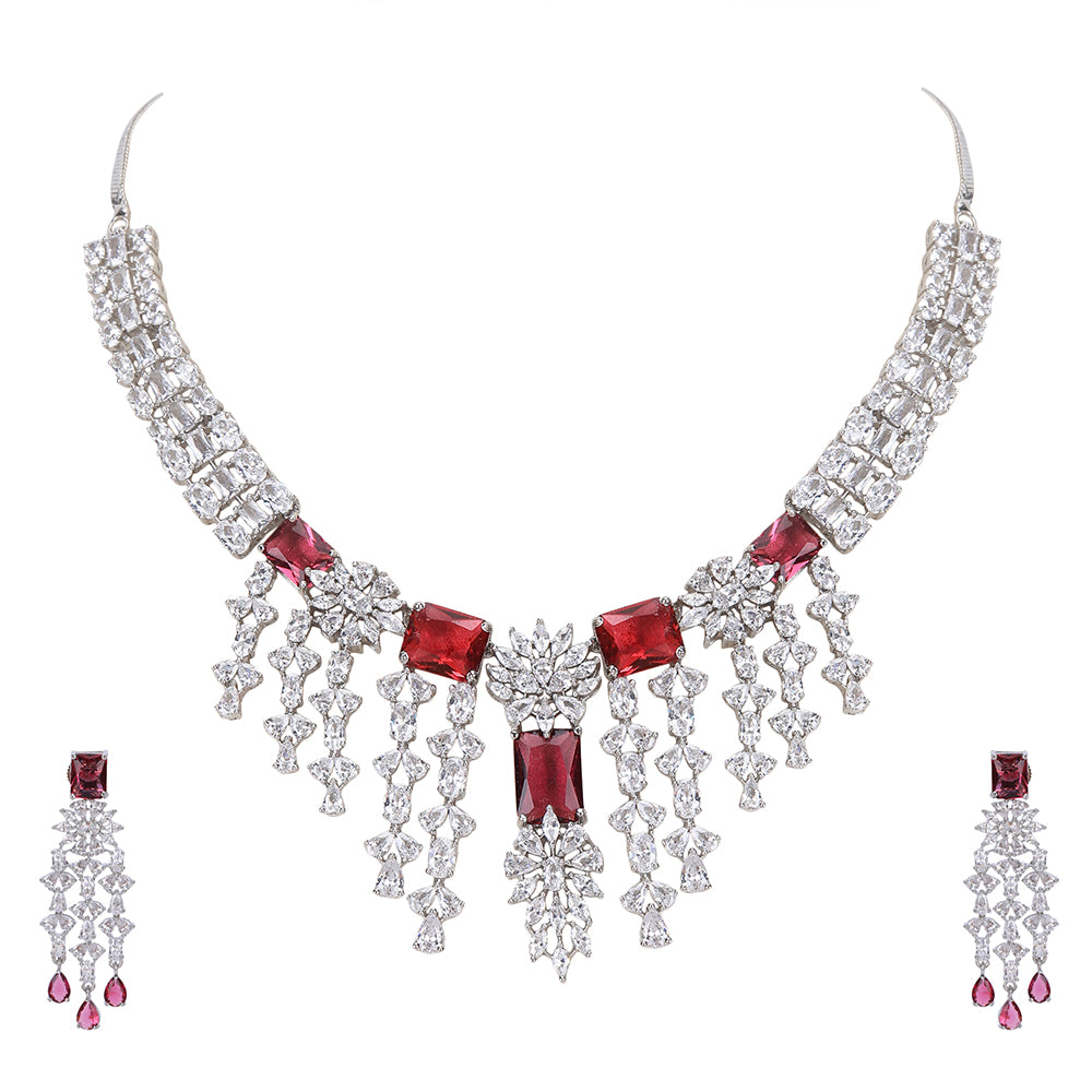 Necklace set Matching Earrings Red  And Silver