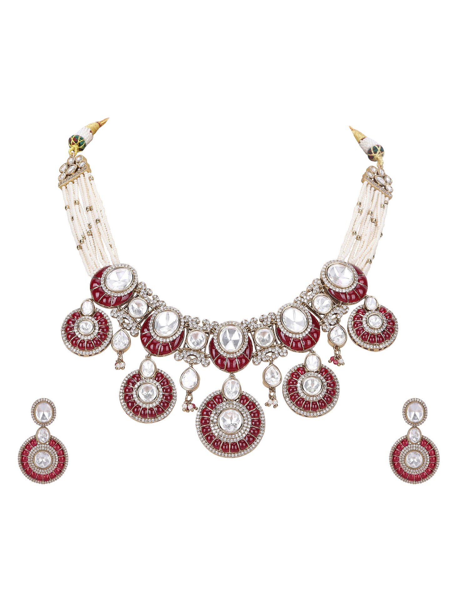 Maroon Cluster Beads Dazzling Stones Bridal Choker Necklace & Earring Set For Women