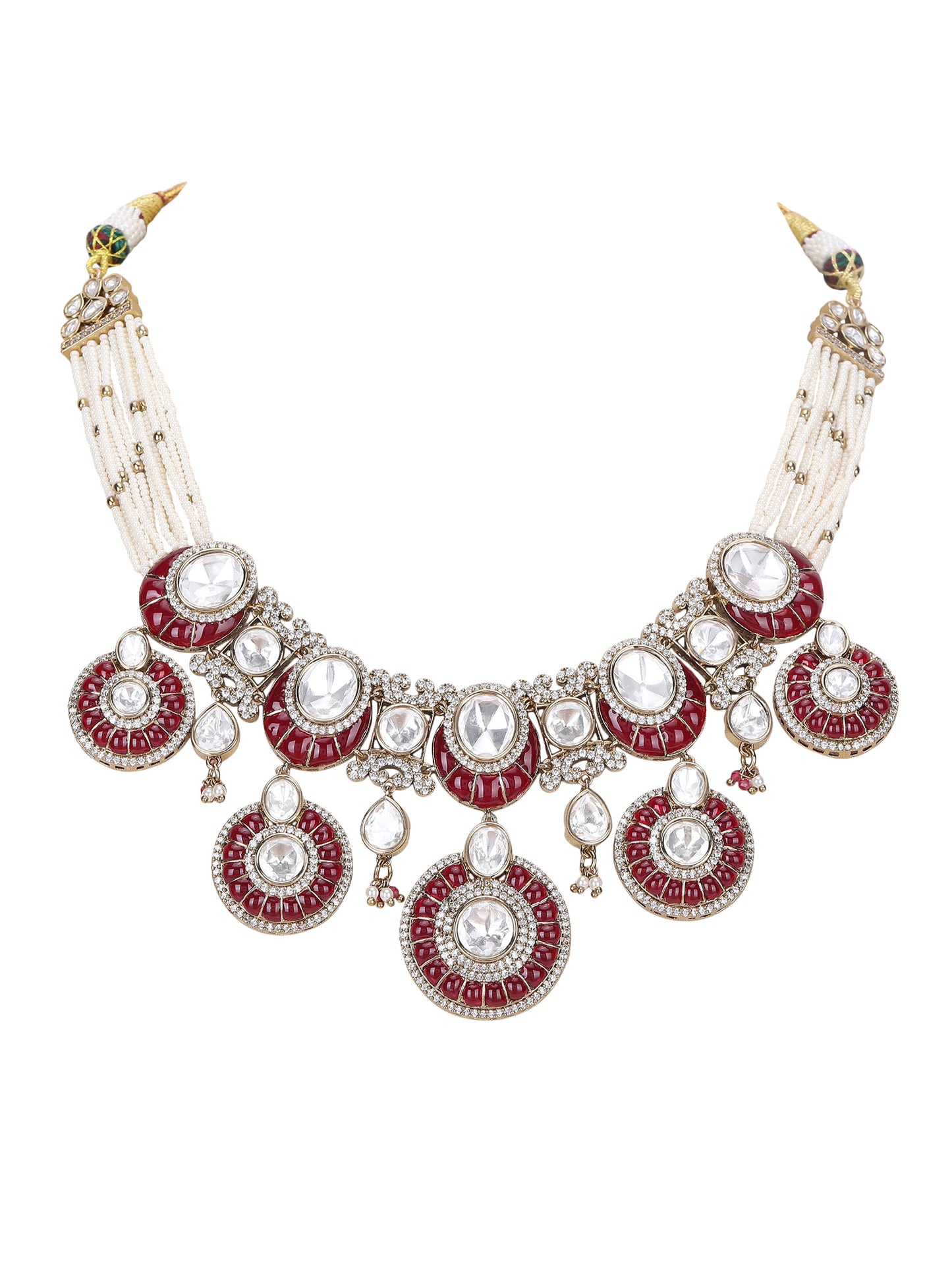 Maroon Cluster Beads Dazzling Stones Bridal Choker Necklace & Earring Set For Women