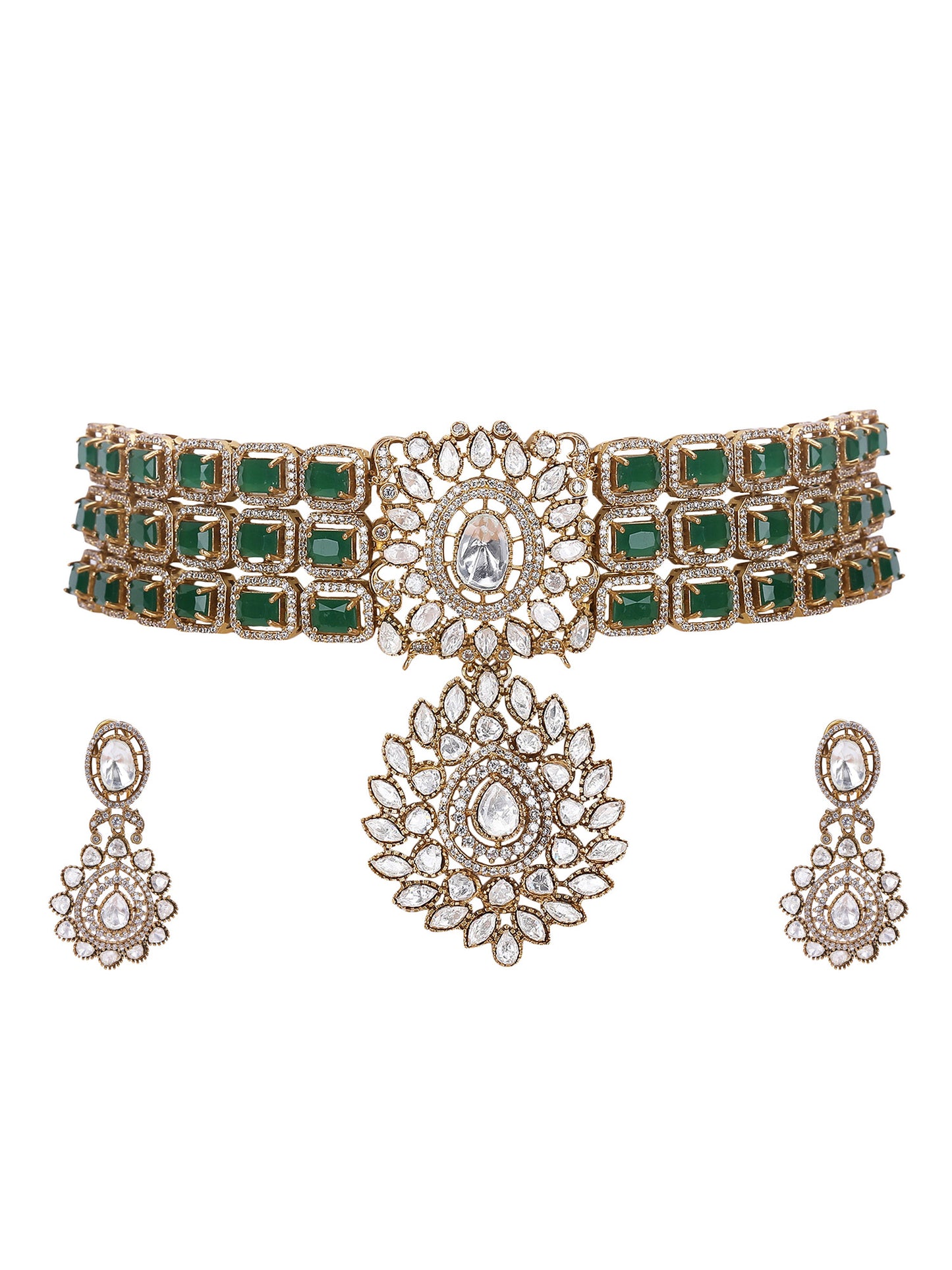 crafted green necklace set with matching earrings