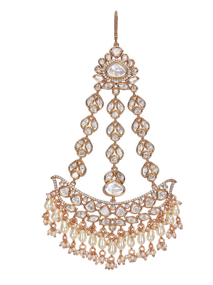 Gold Plated White & Gold Kundan-Studded Beaded Jhoomar Passa