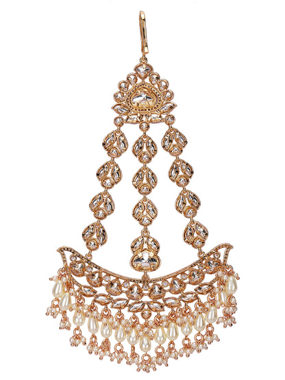 Gold Plated White & Gold Kundan-Studded Beaded Jhoomar Passa