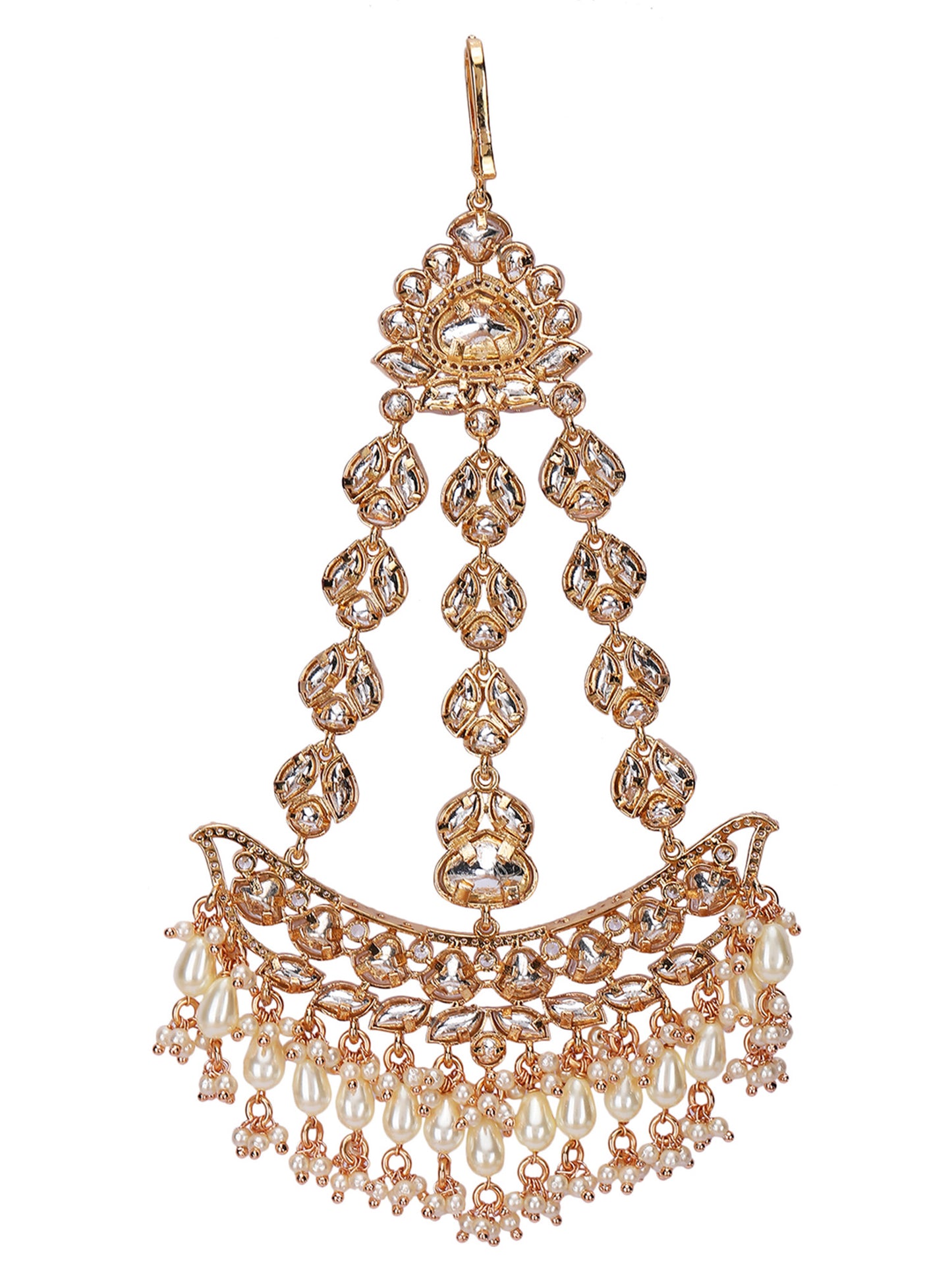 Gold-Plated White & Gold Kundan-Studded Beaded Jhoomar Passa