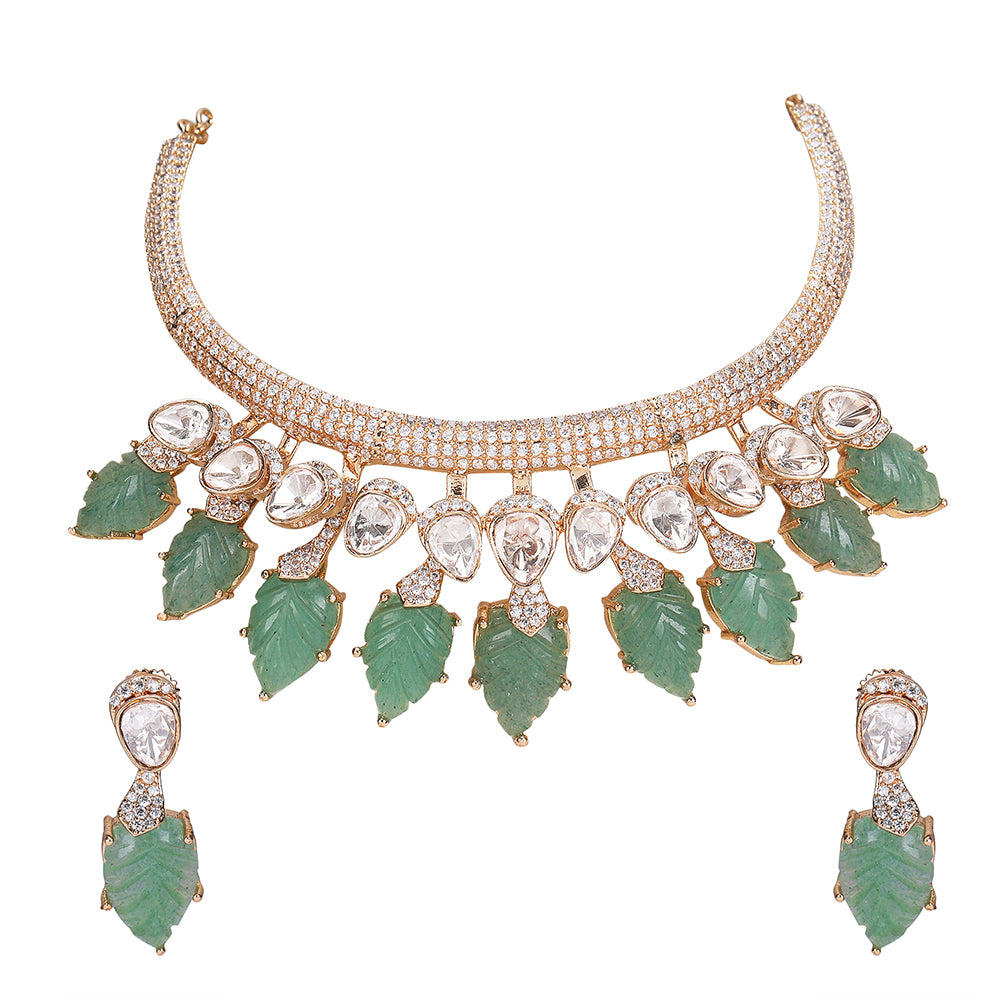 Exquisite Gold-Plated Necklace Set with Green Leaf Motifs and Crystal Accents