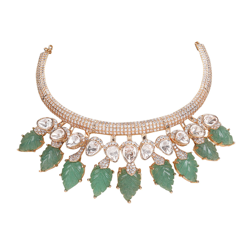 Exquisite Gold-Plated Necklace Set with Green Leaf Motifs and Crystal Accents