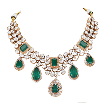 Luxurious Emerald Green and Crystal Kundan Necklace Set