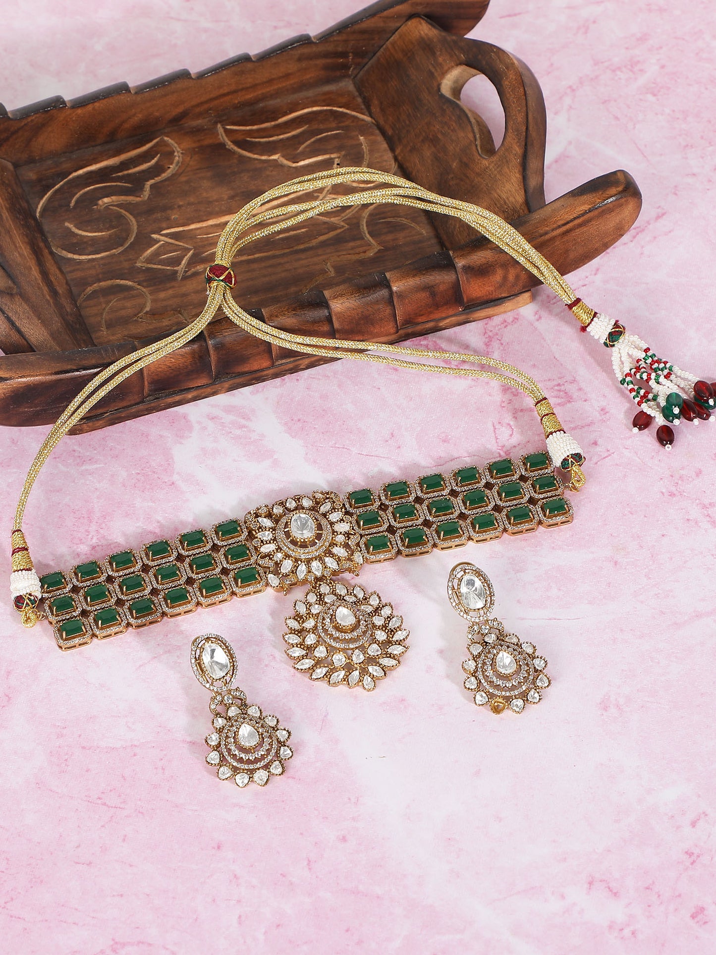 crafted green necklace set with matching earrings