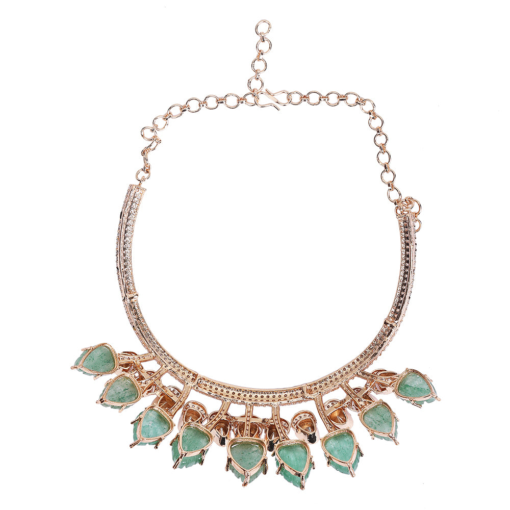 Exquisite Gold-Plated Necklace Set with Green Leaf Motifs and Crystal Accents