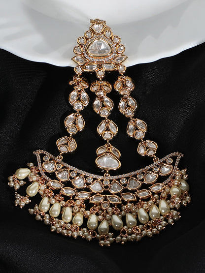 Gold Plated White & Gold Kundan-Studded Beaded Jhoomar Passa