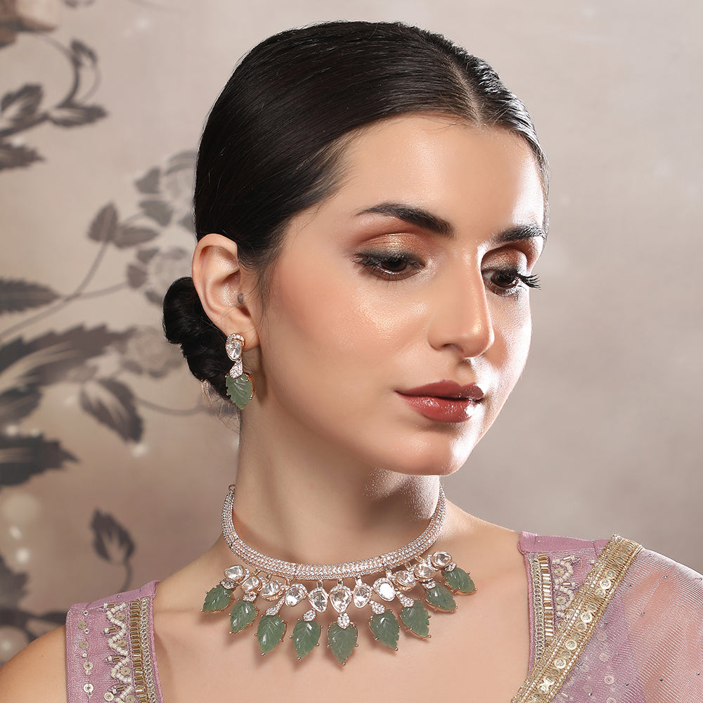 Exquisite Gold-Plated Necklace Set with Green Leaf Motifs and Crystal Accents