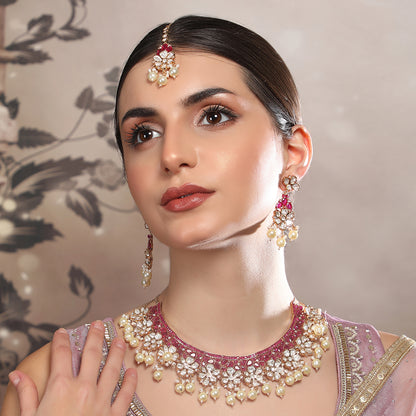 Buy  Ruby Kundan Bridal Necklace Set with Maang Tikka