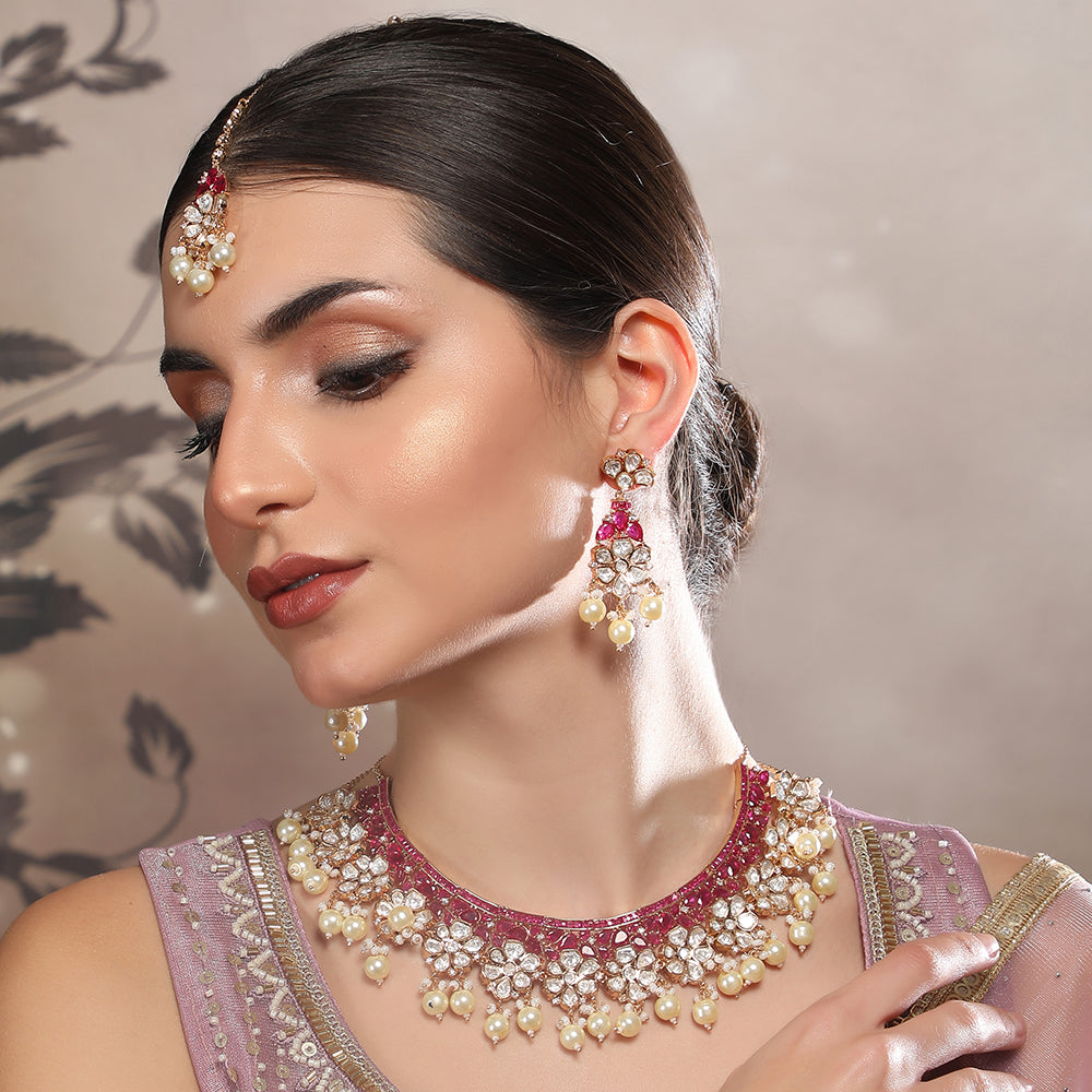 Buy Elegant Ruby Kundan Bridal Necklace Set with Maang Tikka