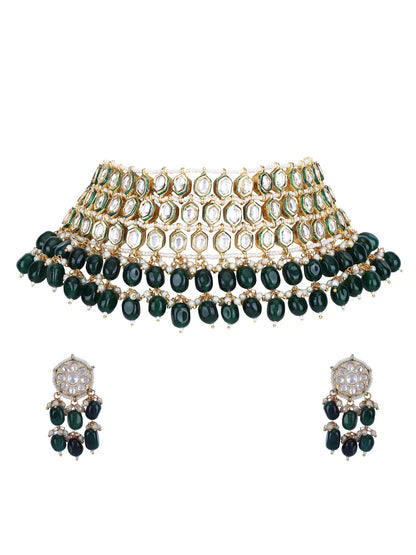 Elegant 22KT Gold Plated Kundan Green Necklace Set
