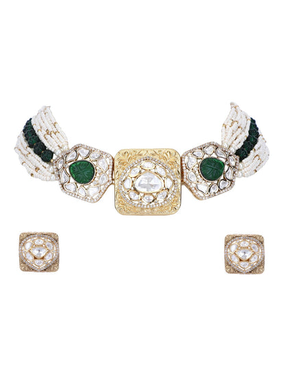 Sparkling 22KT Gold Plated Kundan Green Necklace Set